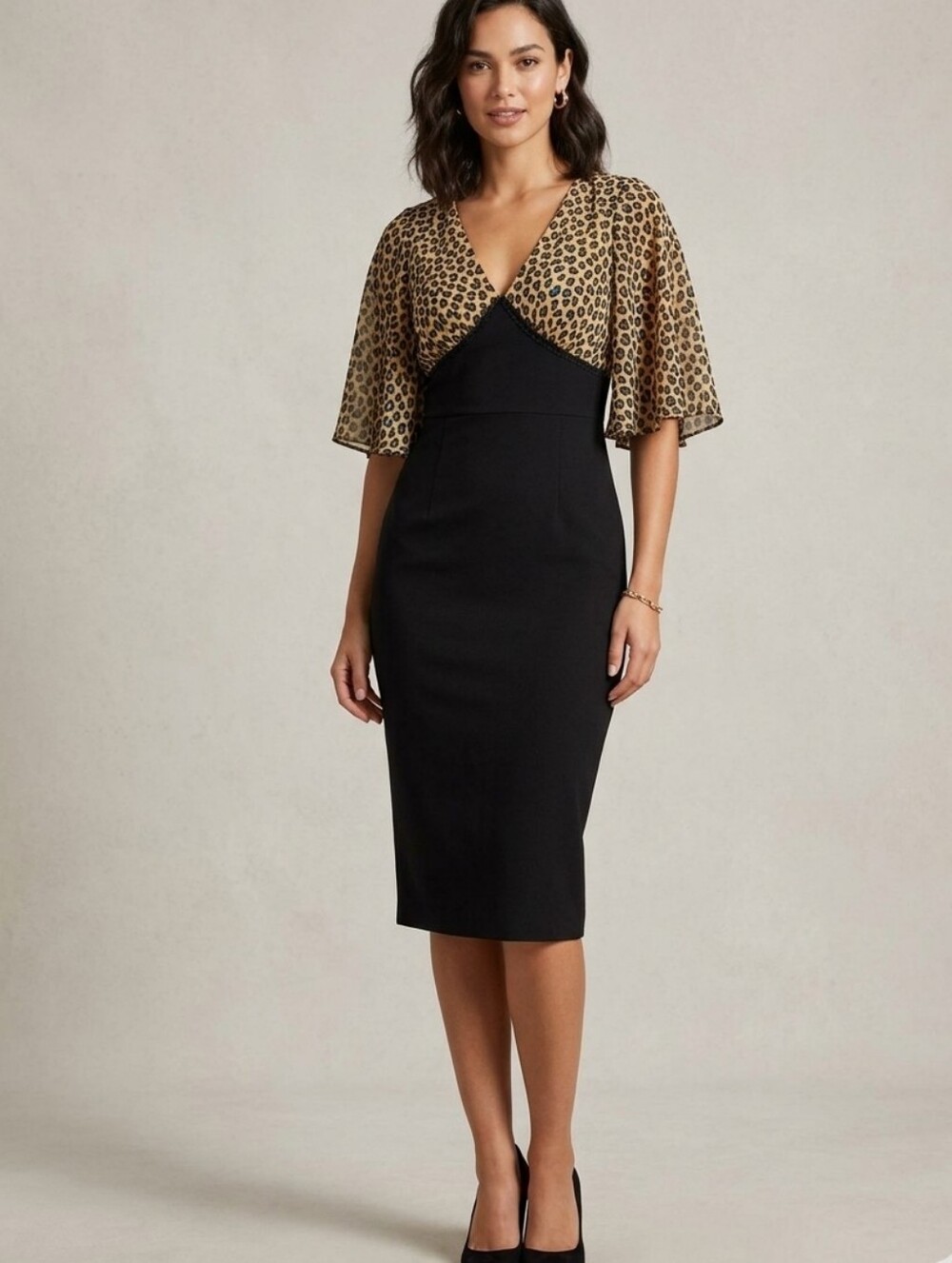 Traffic People Black Midi Dress with Yellow Leopard Capelet Size M NWT